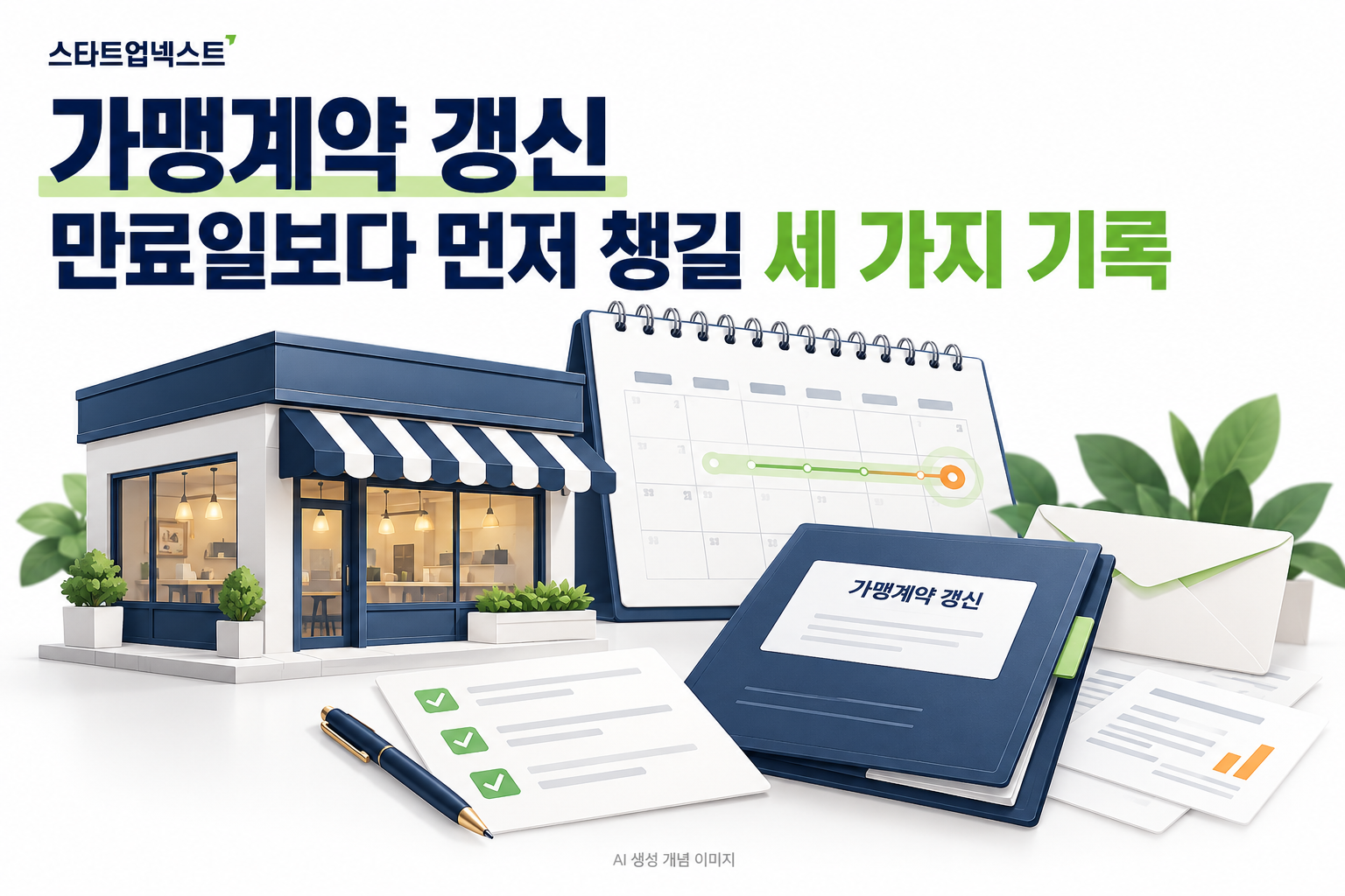 가맹점 모형과 달력, 갱신계약 폴더 및 통지 기록을 표현한 일러스트