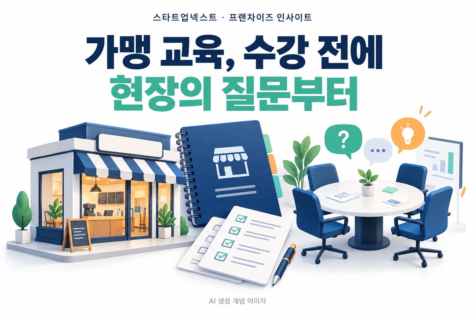 가맹점 모형과 교육 노트, 질문 카드와 회의 테이블을 표현한 일러스트
