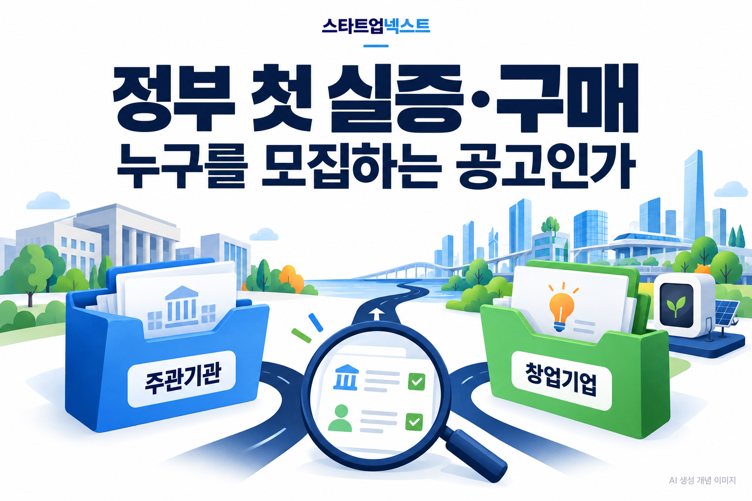 주관기관과 창업기업 서류를 구분해 살펴보는 정부 첫 실증·구매 개념 일러스트