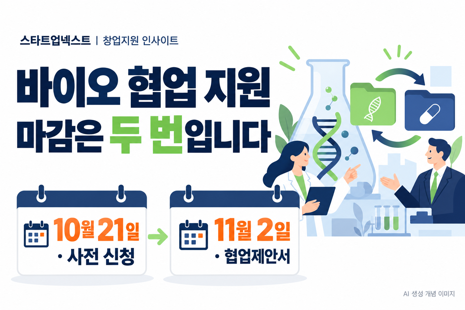바이오 협업 지원의 10월 21일 사전 신청과 11월 2일 협업제안서 마감을 보여주는 일러스트