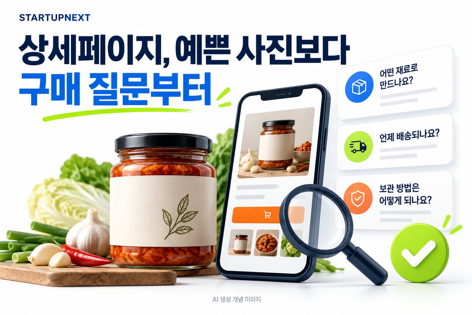 상품과 휴대전화 상세페이지를 구매 질문으로 연결한 일러스트